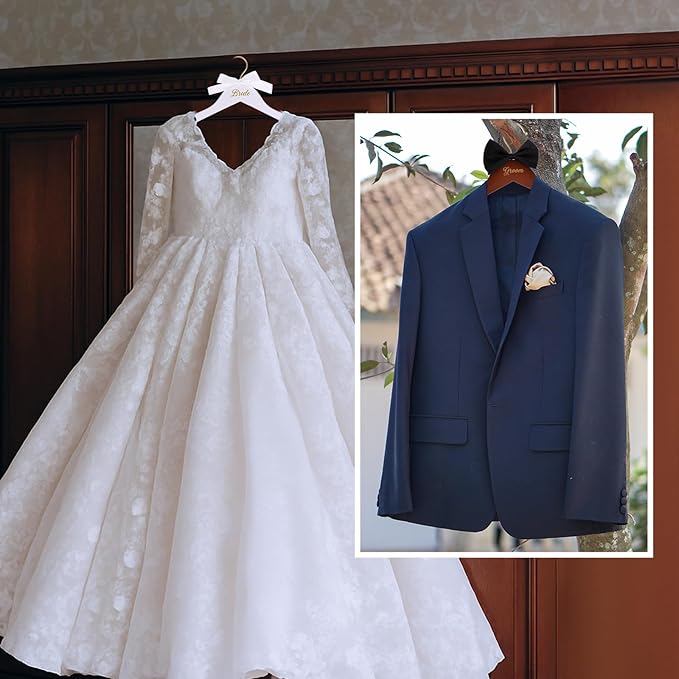 2 Pcs Bride and Groom Hangers Bride Hanger Wedding Dress Hanger Wedding Hangers with Bow Tie for Tuxedo Suit Bridal Shower Gifts