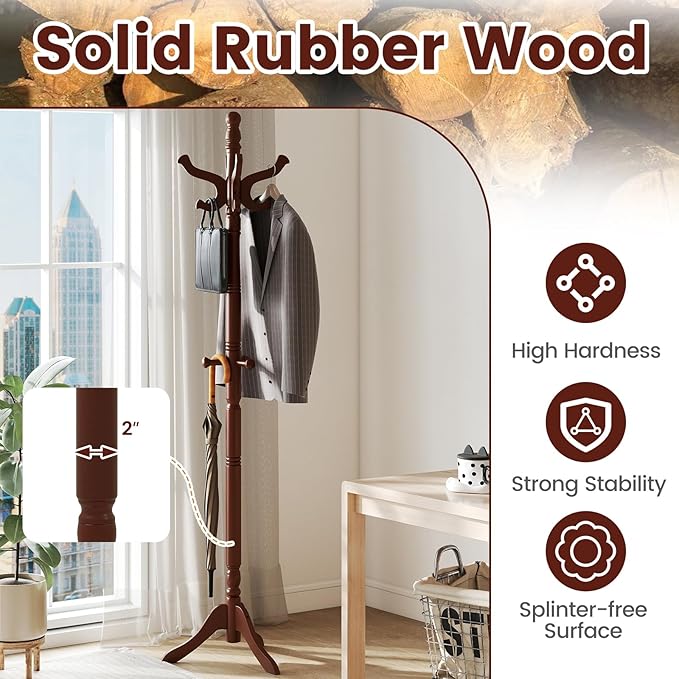 Giantex Solid Wood Coat Rack, Freestanding Hall Tree with 3 Adjustable Heights and 11 Hooks, Rubber Wood Frame, Entryway Hanger Stand, Wooden Garment Rack for Hallway, Living Room (Reddish Brown)