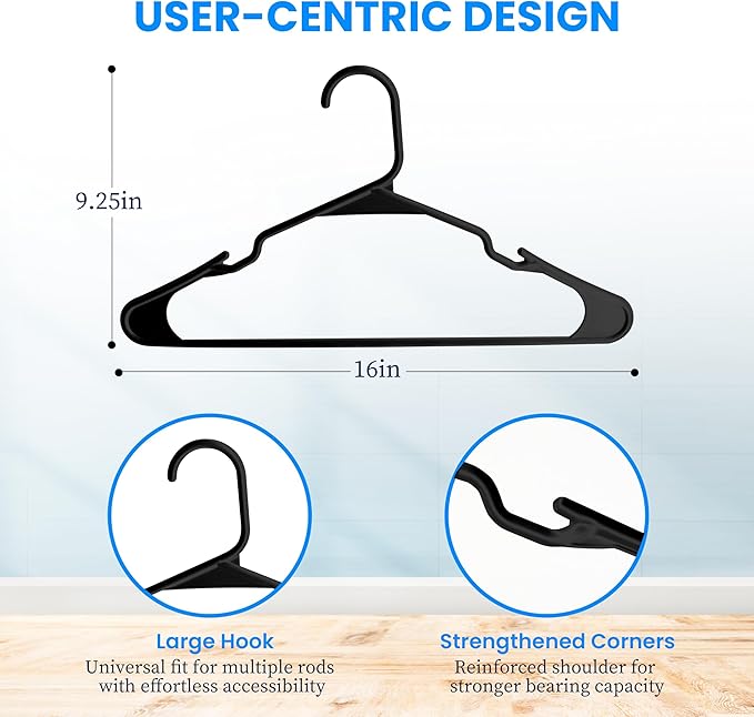 Simple Deluxe 50 Pack Plastic Hangers, Durable Clothes Hangers, Lightweight and Space-Saving Hangers for Shirts, Dresses, Coats, Pants, Black