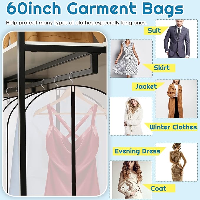 Amylove 20 Pcs 24 x 60 Inch Garment Bags Bulk Hanging Clothes Storage Covers for Closet Organization Dustproof Transparent Dress Suit Bag Set for Wedding Dresses Long Gowns Coats Seasonal Wardrobe