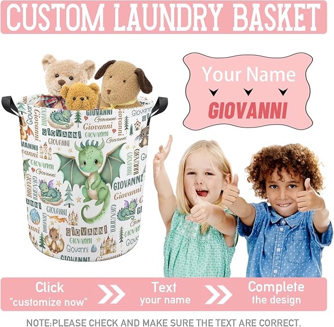 Dragon Laundry Basket,Personalized Laundry Hamper for Boys Girls,Custom Laundry Basket With Name, Customized Dirty Clothes Hamper for Bathroom Bedrooms,M-19.5"X 15.7"