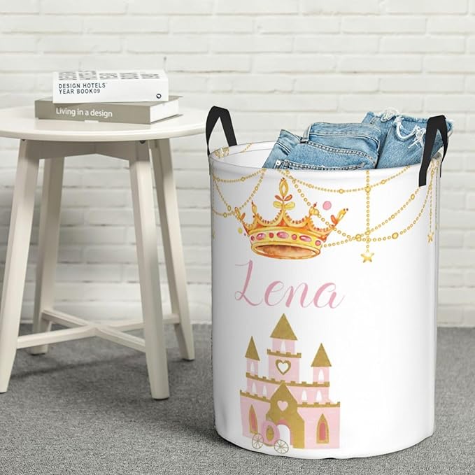 Personalized Laundry Basket for Nursery, Custom Nursery Laundry Hamper with Name, Customize Baby Clothes Circular Hamper for Boys Girls Room Decor, Crown