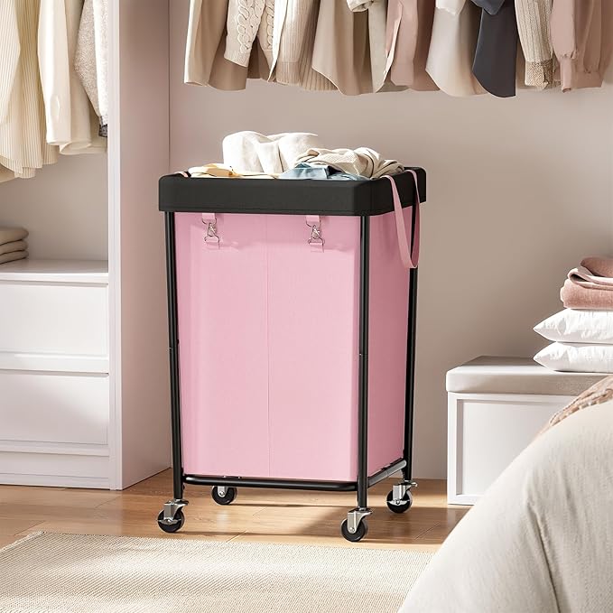Chrislley 160L Laundry Hamper with Wheels, 2 Section Large Laundry Basket with Removable Bag, Steel Frame Dirty Clothes Hamper, Rolling Laundry Cart for Bedroom, Bathroom, Dorm, Hotel, Pink