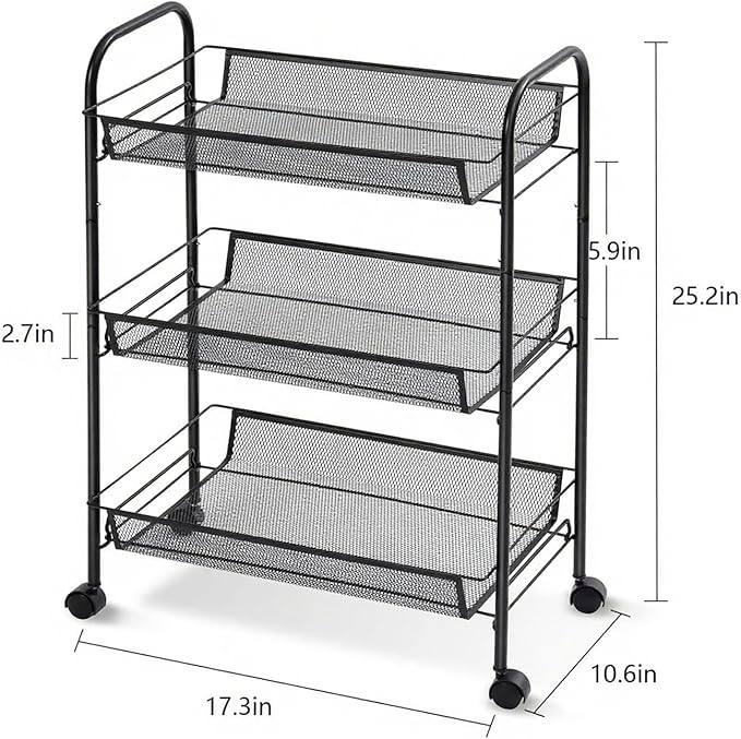 3 Tier Rolling Cart for Bathroom - Lightweight Metal Wire Storage Organizer with Wheels, Holds Toiletries & Cosmetics, Tool-Free Assembly, Black