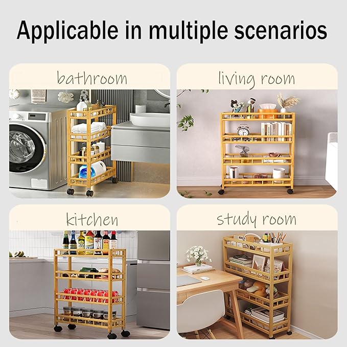 3/4Tier Slim Storage Rolling Cart with Wheel,Wood Storage Trolley Cart,Kitchen Rolling Utility Bamboo Kitchen Slide Out Organizer Rack,Mobile Shelving for Kitchen Bathroom gap(4Tier 40cmwide)