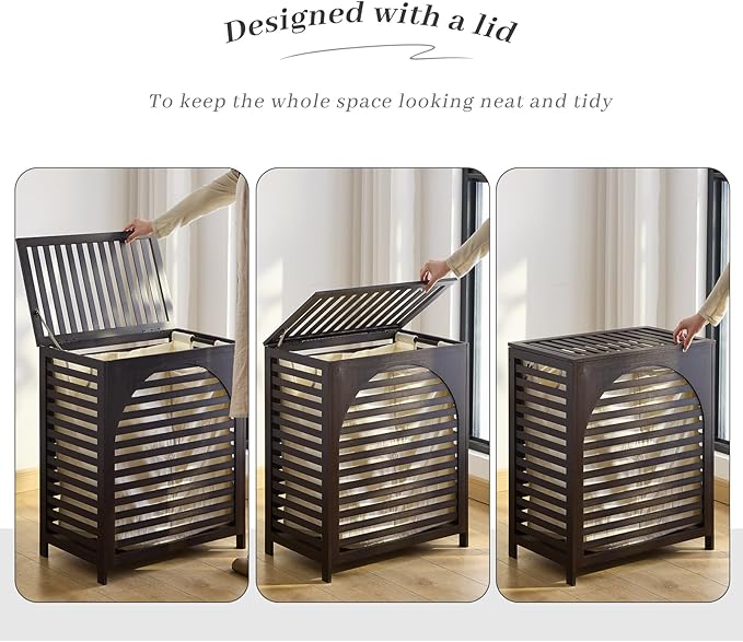 Laundry Hamper with Lid, Bamboo Clothes Laundry Basket with Handles, Removable 2-Section Liner bag, Hampers for Bedroom Aesthetic, Large Storage for Bath Towel, Sheets or Toys, Home (Brown)