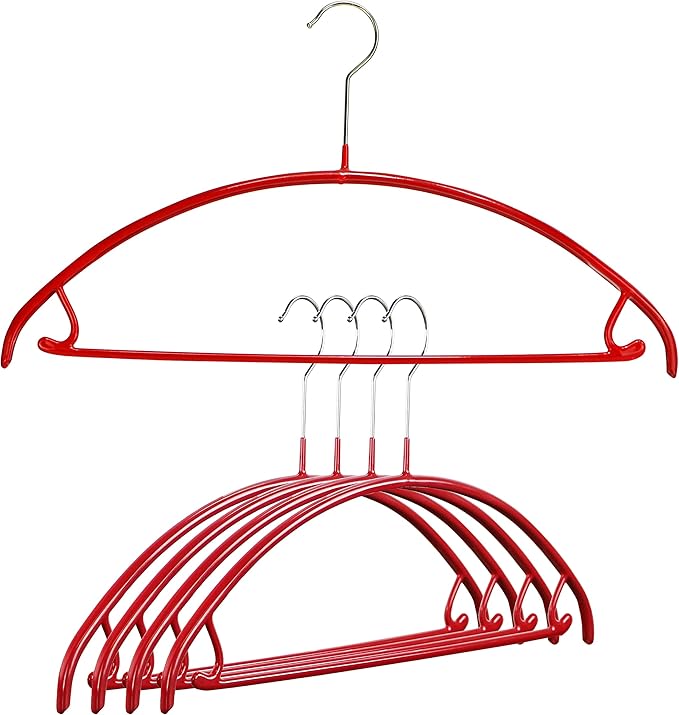 Mawa by Reston Lloyd Non Slip Metal Clothing Hanger, Smooth Shoulder Support with Skirt Hooks/Pant Bar, Model 42-U, Pack of 5, Red