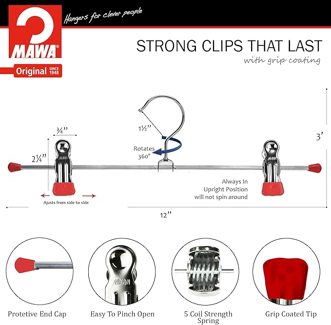 Mawa by Reston Lloyd Space-Saving Metal Pant/Skirt Hanger, Strong and Adjustable Pant Clips, Red, Set of 300
