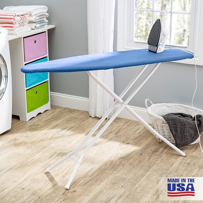 Full Size Ironing Board Made in USA – Dark Blue by Seymour Home Products 4 Heavy-Duty Steel Legs Perforated Top for Steam Includes Cover & Pad Sturdy, Foldable Iron Board for Home & Laundry