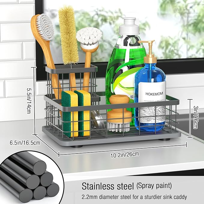 Kitchen Sink Caddy Organizer, [Stay-Dry Anywhere & No Drainage Needed] Sponge Holder for Kitchen Sink Countertop,Stainless Steel with Rust-Resistant Coating-10.24" L x 6.5" W x 5.83" H