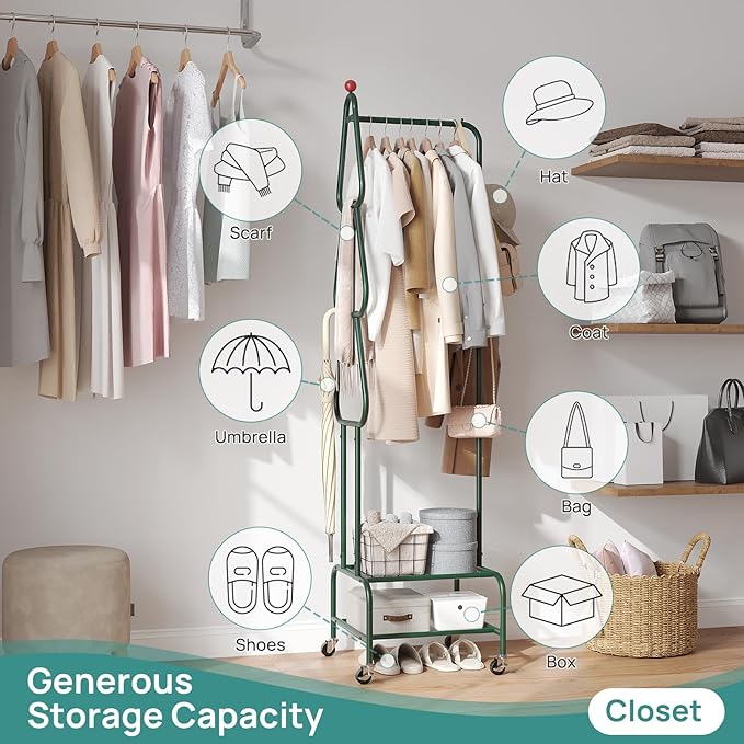 Coat Rack with Wheels, 4 Hooks Rolling Garment Rack, 360° Swivel Wheels with Brake, Heavy Duty Metal Rustproof for Entryway Bedroom