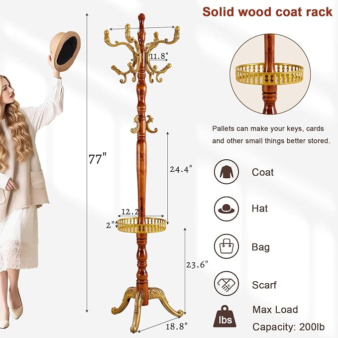 Coat Racks Freestanding, Natural Wood Coat Stands with 14 Hooks, 73" Heavy Duty Adjustable Height Vintage Hall Tree for Entryway, Bedroom, Office, Easy Assembly (Begonia Tray)