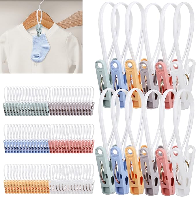 90 Pack Multi Purpose Laundry Hooks Hanging Clips, Clothes Pins with Plastic Rope Hangers with Clips for Baby Clothes Pants Socks Towels Wardrobe & Kitchen Organization