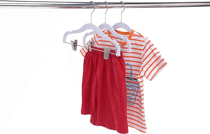 Quality Kids Children Plastic Non Velvet Non-Flocked Thin Compact Skirt Pant Coat Hangers with Metal Clips for Skirts Blouses 360° Swivel Hook, Jacket, Shirt, Legging, Suit Hangers (Cream White, 10)