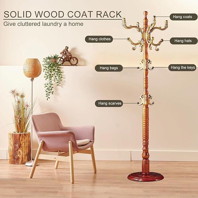 Coat Rack Freestanding, Wooden Coat Tree Stand with 14 Hooks, Easy Assembly with Stable Disc Base for Bedroom, Hallway, Entrance Office for Hats, Coats, Scarves (Begonia color)
