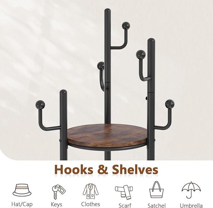 Hoctieon Coat Rack Freestanding, Round Coat Rack with 3 Wooden Shelves and 1 Fabric Basket, Metal Clothes Tree with 5 Hooks, Coat Hanger Stand for Clothes, Hats, Bags, Brown and Black