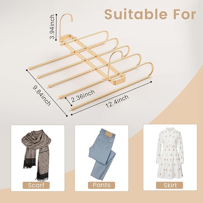 Pants Hangers Space Saving,Closet Hangers 5 Layers 2 Uses Multi Functional Pants Rack,Metal Heavy Duty Wardrobe Organizer Racks for Clothes Trousers Scarves Ties (2Pack Gold)