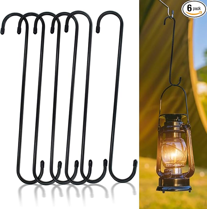 6 Pack 10 inch Extra Large S Hooks for Hanging Plants,Black Heavy Duty Long Plant Hook for Hanging Baskets Outdoor Plant Hangers Extension Hooks for Bird Feeders,Kitchenware,Pergola,Outdoor