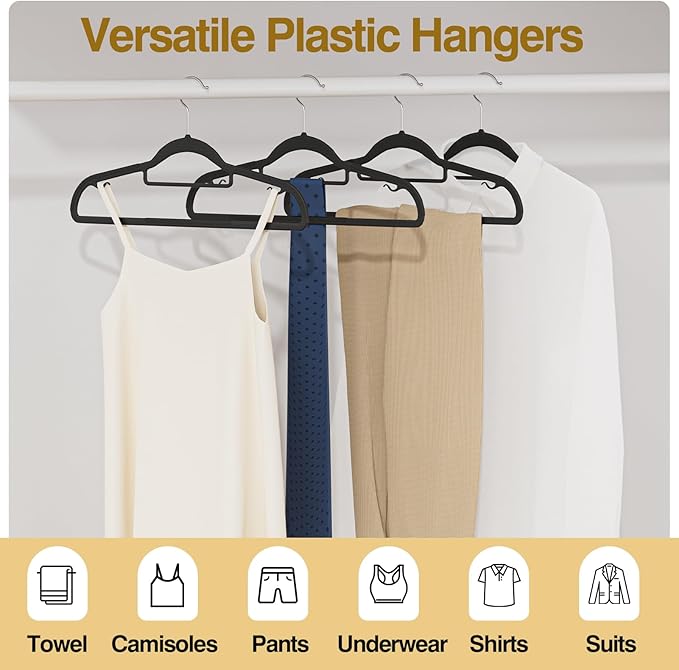 Plastic Hangers 50 Pack, Heavy Duty Clothes Hangers with 360° Swivel Hook, Non-Slip Bar & 0.2" Ultra-Slim Space-Saving Closet Organizers for Coats, Pants, Suits, Shirts, Black