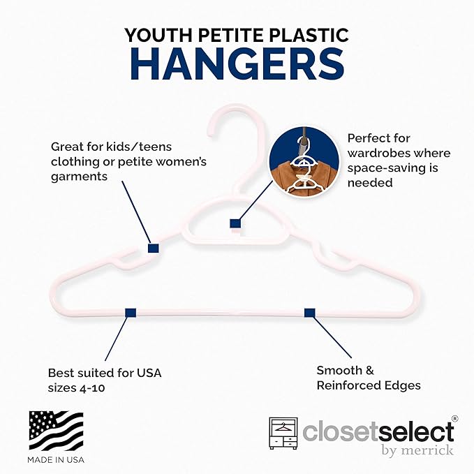 Youth Hangers 30 Pack - 13 Inch Plastic Youth Petite & Childrens Hangers for Closet, Baby Hangers for Children Clothes Sizes 4 to 10, Non-Slip Infant Hangers with Shoulder Grooves | Pink