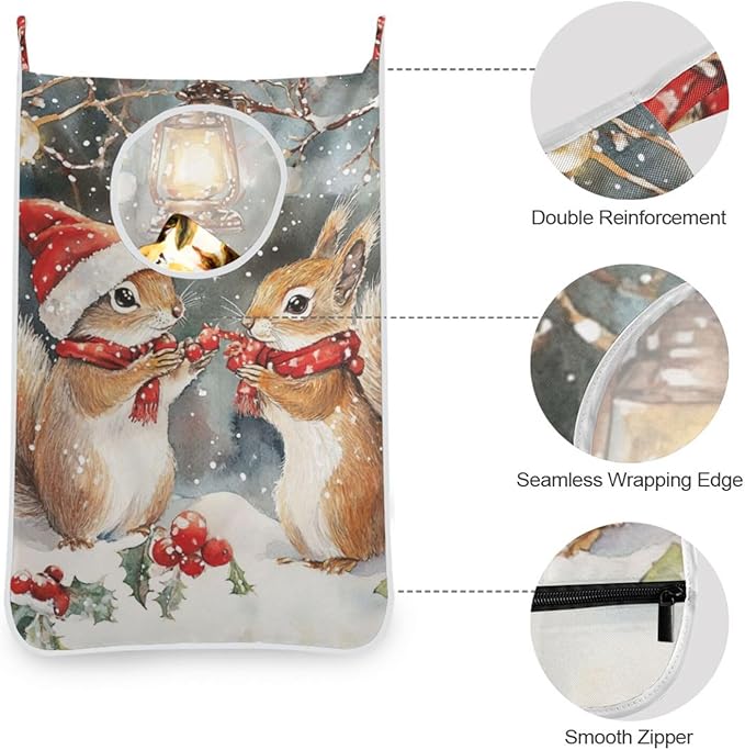 Christmas Squirrels Watercolor White Door Hanging Laundry Hamper Bag with Free Adjustable Stainless Steel Hooks Dirty Clothes Hamper Extra Large Over the Door Laundry Hamper 29.5X20inch 1 PCS