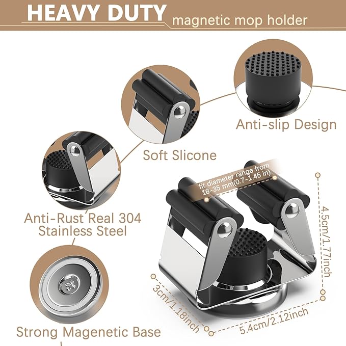 3-H Magnetic Broom Holder with Strong Magnetic Hook 16 Pack,Broom Holder Wall Mount for Garage Garden Shed Storage System Laundry Room Home Kitchen Organization,Silver