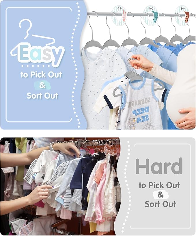 VIS'V Baby Hangers, 11 Inch Velvet Kids Hangers with 6 Pcs Clothes Size Dividers, Infant Toddler Nursery Closet Organization, Non Slip, Gray, 50 Pcs