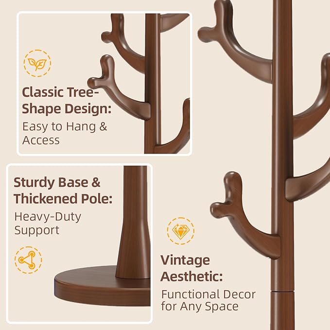 CozyDH Walnut Premium Solid Wood Freestanding Coat Rack, 4 Hooks Creative Tree Branch Look, Sturdy Standing Coat Tree for Entryway Bedroom Hallway Home Decor