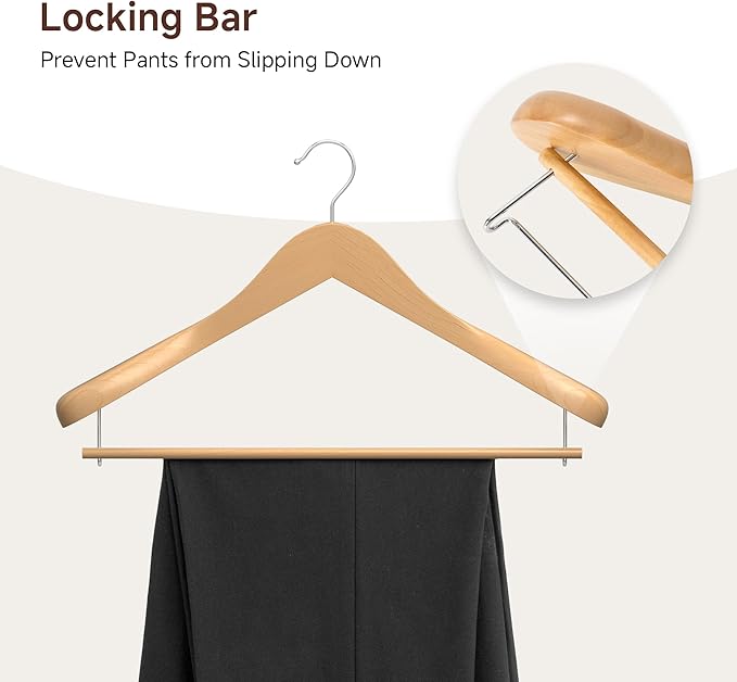 StorageWorks 6 Pack Wooden Hangers, Extra Wide Shoulder Wood Hangers with Locking Bar for Suit, Shirt, Coat, Pants, Natural Color
