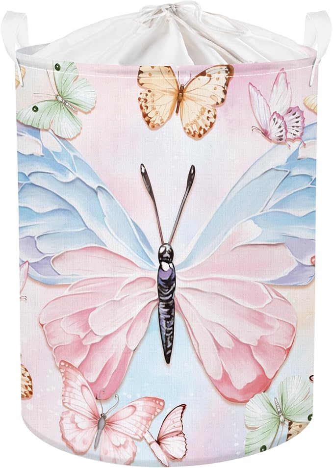 3D Pastel Butterfly Baby Laundry Hamper Collapsible Clothes Kids Storage Basket Large Girls Gift Toy Box Bin for Bedroom, Colorful, 63L