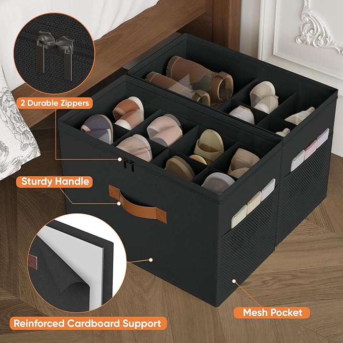 2 Pack Shoe Organizer for Closet,Foldable Shoe Storage Organizer with Adjustable Dividers, Shoe Storage Box with Clear Cover, Fits up to 16 Pairs, Black