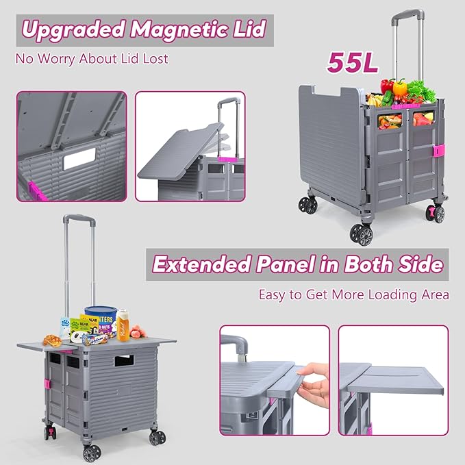 FELICON SELORSS Folding Utility Cart Rolling Crate Tote Basket Box Storage Handcart on 4 Swivel Wheels with Adjustable Handle Extended Magnetic Lid for Teacher Move Shop Travel Grocery Office(Gray)