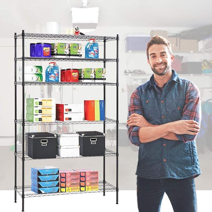 6-Tier Wire Shelving Unit,Adjustable Metal Storage Rack,42" W x 16" D x 72" H,Heavy Duty Black Wire Shelf,1500 lbs Capacity,NSF Certified, Multi-Use Storage Rack for Kitchen, Garage, Pantry, Basement
