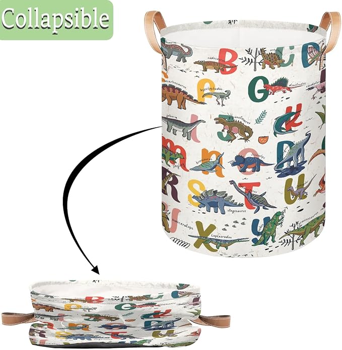 Alphabet Dinosaur Large Laundry Basket - Cartoon Animal Kids Laundry Hamper with Handles - Collapsible Dirty Clothes Organizer Boys Toy Storage Bin Nursery Hamper for Bedroom Bathroom Decor