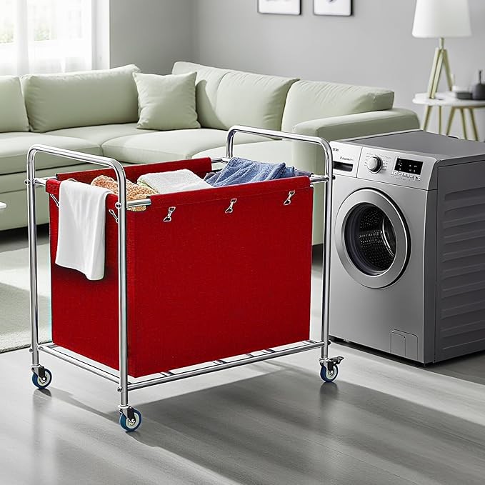 Commercial Laundry Cart with Wheels, 440 lbs Heavy Duty Industrial Laundry Cart with Sturdy Frame and Oxford Bag for Home Hotel Hospital, Rolling Laundry Cart for Home & Hotel, 400L(Red)