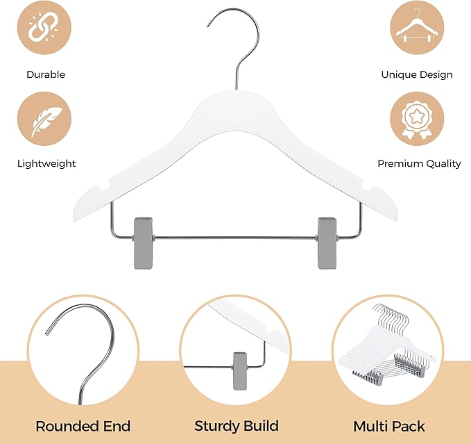 Quality 12-Inch Ultra Slim Kids Wooden Hangers – 100-Pack – Space Saving White Design with Nickel Swivel Hook – for Baby Clothes, Shirts & Dresses (White, Skirt/Blouse, 100 Pack)