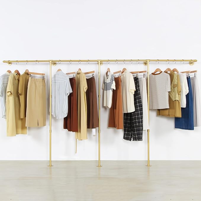 Gold pipe clothing rack for Hanging Clothes rack with 3 T-Bar Design,Nano Gold Finish, Heavy Duty industrial clothing rack wall mounted,Retail Display Rack Closet Storage Clothes Organizer