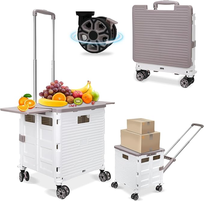 FELICON SELORSS Folding Utility Cart Rolling Crate Tote Basket Box Storage Handcart on 4 Swivel Wheels with Adjustable Handle Extended Magnetic Lid for Teacher Move Shop Travel Grocery Office(White)