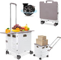 FELICON SELORSS Folding Utility Cart Rolling Crate Tote Basket Box Storage Handcart on 4 Swivel Wheels with Adjustable Handle Extended Magnetic Lid for Teacher Move Shop Travel Grocery Office(White)