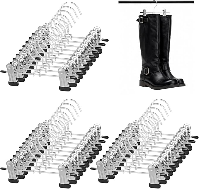 30 Pack Steel Boot Hangers with 2 Adjustable Clips, Heavy Duty Pants Hangers with Non-Slip Grip Space Saving Travel Hanger Organizer for Closet Boots Pant Clothes Hats Socks