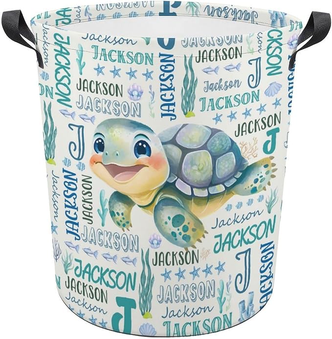 Sea Turtle Laundry Basket,Custom Laundry Hamper with Name,Personalized Sea Turtle Gifts for Boys Girls,Customize Collapsible Laundry Basket for Bedroom Bathroom,S-16.5"x 13.8"