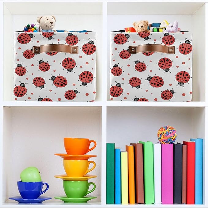 Ladybug Storage Basket Bin, Large Cube Storage Box Canvas Collapsible Storage Organizer for Home Office Closet, 2 Pack - 15 L x 11 W x 9.5 H