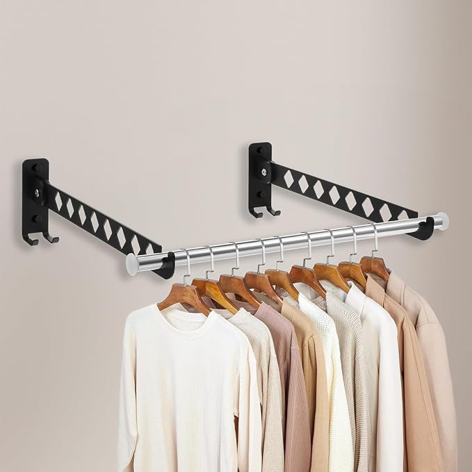 2Pcs Wall Mount Coat Hanger, Black Clothes Drying Organizer Rack, Retractable Folding Indoor Wall Mounted Holder, Closet Storage Organizer for Laundry Room Bedroom with 40cm Rod