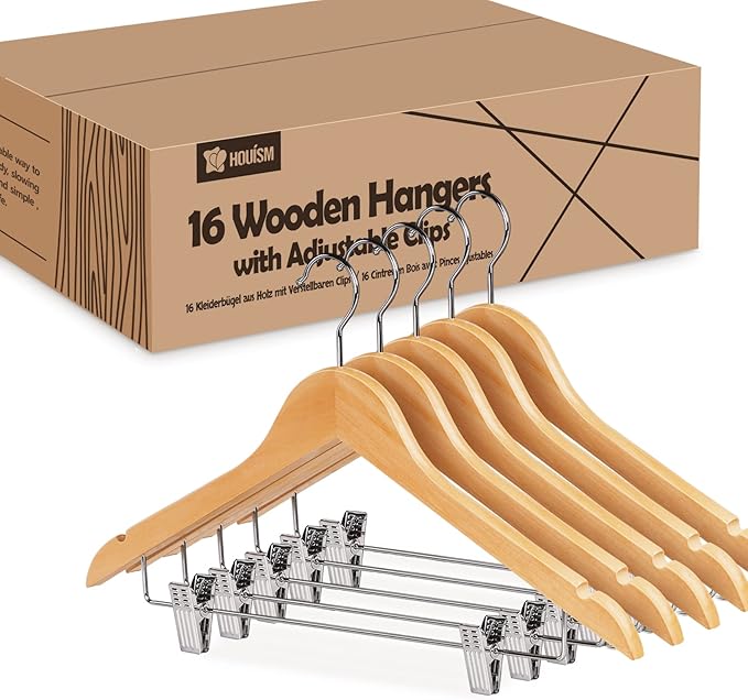 HOUSM 16Pack Wooden Skirt Hangers with Clips, Solid Wood Pants Hangers, Natural, Smooth Finish, High-Grade Selected Wood, Sturdy Metal Clips for Blouse, Dress, Coat, Jacket