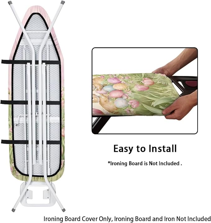Tulip and Easter Bunny Ironing Board Covers Standard Size,Table Top Ironing Board Padding Thick,Scorch Resistant Iron Board Replacement Cover with Elastic Edge,Easy to Install