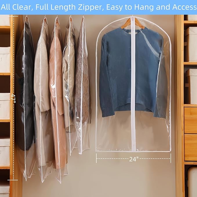 All Clear Garment Bags for Hanging Clothes,47" Dustproof Suit Bag for Closet Storage,Transparent Plastic Garment Clothes Protectors Suit Cover Bags with Zipper for Dress (5 Pack - 47'')