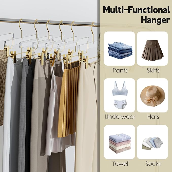 Acrylic Gold Pants Hangers with Adjustable Clips 10 Pack, Non-Slip Skirt Hanger for Women, Heavy Duty Space-Saving Clothes Organizer for Trousers, Coats, Jeans, Adults & Kids