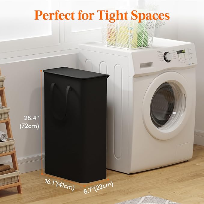 Lifewit 65L Slim Small Laundry Hamper, Laundry Basket with Lid, Dirty Collapsible Clothes Storage with Easy Carry Extended Handles, Tall Hampers for Bedroom Laundry Room, Black, 1 Pack
