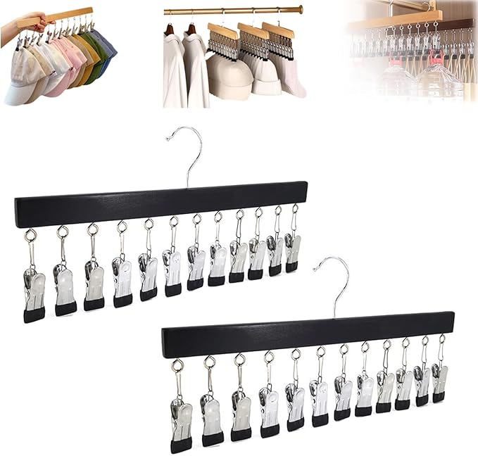 Closet Organizer with 10 Clips, Space Saving Hanging Closet Organizer, Space-Saving Hat Scarf Clothespins for Jeans Skirts Socks Pant Hangers with Clips (Black-10 Clips, 2PCS)