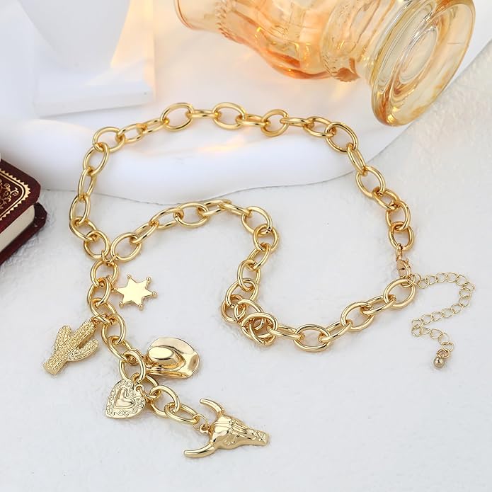 Chunky Gold Necklace for Women Gold Evil Eye Cowboy Pendant Necklace Dainty Paperclip Chain Vintage Luck Amulet Choker Necklaces Celestial Jewelry Gift